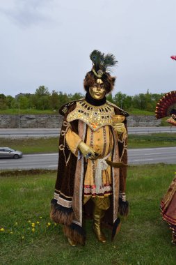 Lüks Maskeli Süslü Altın Asilzade Tavus kuşu tüyü ve Altın Kadehle.