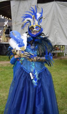 Gizemli Zarafet: Altın Aksan ve Tüylü Süslü Mavi Venedik Karnaval Kostümü