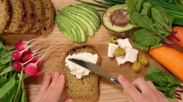Fresh Vegetarian Sandwich Ingredients Cooking Table Top View — Stock Video