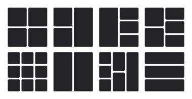 Siyah modüler bento ızgara arka planı. Karmaşık çerçeve boyutları, kaplar, şablon düzenindeki bloklar. Fotoğraf kolajı sunumları için vektör tasarımı. Dijital galeri uygulamaları.