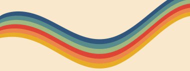 Havalı dalgalı çizgileri olan geçmişe dönük gökkuşağı dalgaları. Soyut vintage şeritler bej arkaplan boyunca paralel eğriler halinde akar. 70 'lerden esinlenilmiş geometrik bantlı vektörsüz desen.