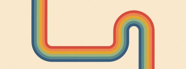 Gökkuşağı arka planında harika kıvrımlı yollar var. Soyut klasik tasarım 70 'lerden esinlenerek U-şekilleri, kavisler, dokulu arka planda döngüler oluşturan gruplar içerir. Vektör grafik deseni
