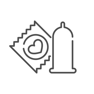 Prezervatif düz çizgi ikonu. Ambalajlı doğum kontrol paketinin, güvenli seks korumasını, STD önlemesini, cinsel sağlık farkındalığını ve eczane doğum kontrol ürünlerini sembolize eden vektör çizgisi.