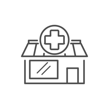 Eczane düz çizgi ikonu. Sağlık ve tıbbı sembolize eden tıbbi haç işareti, pencere ve kapısı olan bir eczane binasının vektör çizgisi.