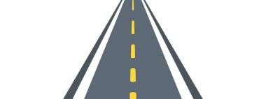 Perspektif manzaralı yol beyaz zeminde ufka doğru uzanan otoyolu gösteriyor. sphalt illüstrasyonu sarı şerit işaretlerini gösterir, kaybolma noktasıyla derinlik etkisi yaratır. Vektör grafiği