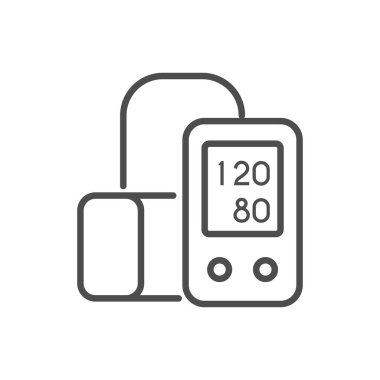 Tansiyon monitörü çizgi simgesi. Kol manşetli dijital sfinometrenin, sistolik ve diyastolik ölçümleri gösteren, hipertansiyon kontrolü için tıbbi cihazlı, vektör ana hatlı pictogram.