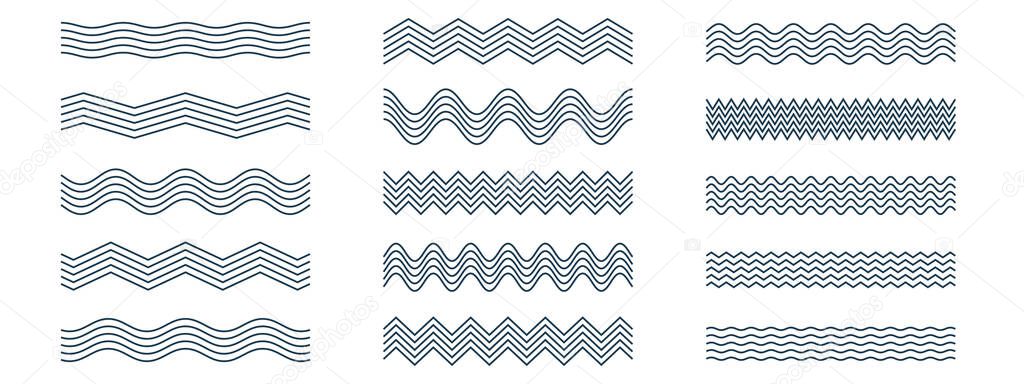 Wave line pattern set. Wavy, ripple, squiggle strokes with zigzag variations included. Vector seamless border collection. Dividers for headers, frames, graphic designs. Curve elements for web layouts.