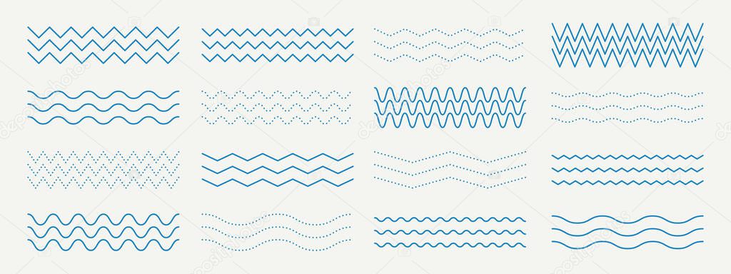 Wave Line Pattern Vector Set with Wavy Ripple Sea Squiggle Curve Border and Zigzag Seamless Wiggle Stroke Design for Graphic Elements and Backgrounds