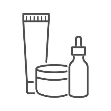 Krem tüpü, kavanoz kabı ve pipetli damlacık şişesi içeren çizgi cilt ikonu. Minimalist tek renkli tasarım günlük yüz bakımı rutini ve tedavisi için gerekli güzellik ürünlerini sergiliyor