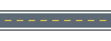 Düz yol çizimi. Sarı çizgili orta şeritli ve beyaz kenarlı yatay asfalt bir otoyolun vektör ana hatları, doğrudan seyahat güzergahı ve yolculuk yolu.