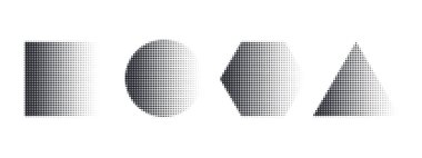 Yarım tonlu noktalı ve gradyalı geometrik ses dokuları. Dört soyut şekil: daire, kare, üçgen, altıgen. Modern grafik tasarım çalışmaları için tahıl desenli arkaplanlar.