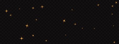 Yıldızlı göksel arkaplan çizimi. Şeffaf arkaplanda vektör altın parıltılar ve parıldayan yıldızlar, gece gökyüzü sihrini, şenlikli kutlamaları ve lüks dekorasyon konseptini simgeliyor..