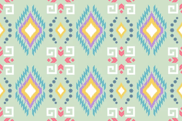 Yumuşak yeşil, sarı, mor, mavi ve pembe tonlardan oluşan pastel bir kabile geometrik kusursuz desen. Tekstil baskıları, moda, duvar kağıtları, ambalaj, boho tasarımları ve modern grafik arka planlar için mükemmel..