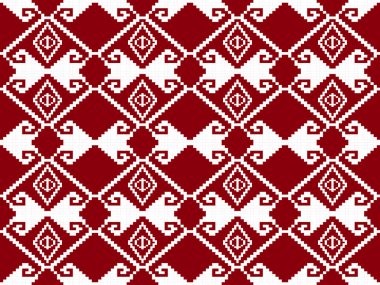 Kırmızı ve beyaz Tayland sinh tekstil deseni. Geometrik elmas şekilleri ve tekrar eden hayvan motifleri içeriyor. Geleneksel Tayland dokuma mirasını yansıtıyor, kumaş tasarımı, moda ve dekoratif tekstil baskıları için ideal..