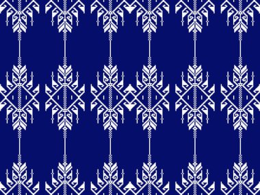 Klasik Tayland dokuma mirasından esinlenmiş geleneksel bir geometrik çiçek motifi içeren koyu mavi ve beyaz Tayland sinh kumaşı. Tekstil baskıları, moda tasarımı, kültürel ürünler ve etnik tarz geçmişleri için ideal.