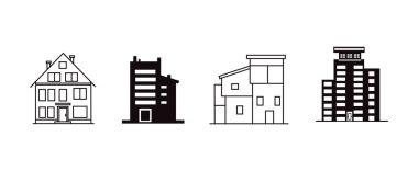 Bina simgesi seti. ev, ofis, banka, okul, otel, dükkan, üniversite ve hastane ikonları. Katı ve taslak simge koleksiyonu. Vektör illüstrasyonu.