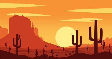 Çöl batımı manzarası kaktüs vektör çizimleri, arka planlar, üç çizim, Meksika 'da alacakaranlık