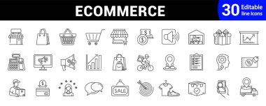 E-ticaret çizgisi simgeleri ayarlandı. Düzenlenebilir online alışveriş, teslimat, pazarlama, servis ve daha fazlası. Alışveriş ikonu seti. Vektör illüstrasyonu;
