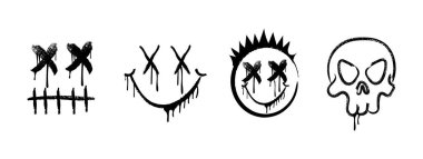 Grafiti gülümseyen yüzler ve funky kentsel sokak sanat tarzı vektör illüstrasyonunda grunge kurukafa simgeleri
