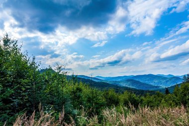 Yeşil çimenleri ve mavi bulutlu gökyüzü olan güzel dağ manzarası