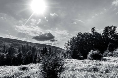 the sun shining over the mountains. black and white image.
