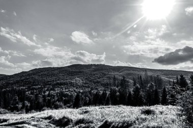 a beautiful grayscale shot of a mountain with a cloudy sky
