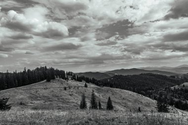 Bulutlu bir gökyüzünün altındaki bir dağ manzarasının gri tonlu görüntüsü.