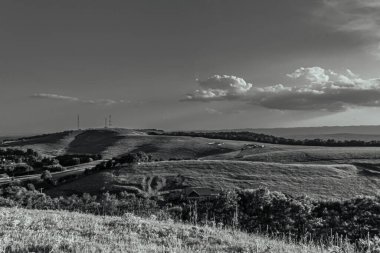 a black and white landscape of the countryside