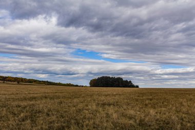 Rusya 'da sonbahar. Mavi gökyüzü ve bulutlu bir tarla..