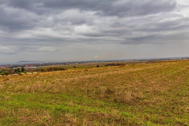 Buğday tarlasıyla sonbahar manzarası, bulutlu hava