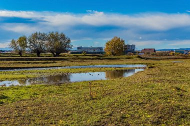 Arkasında bir göl olan güzel bir manzara.