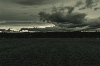 Kırsaldaki yeşil tarlalar üzerinde dramatik kara bulutlar
