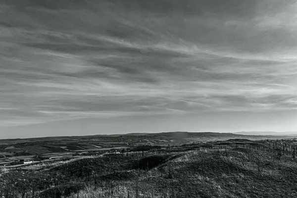 Güzel bir manzaranın siyah beyaz fotoğrafı