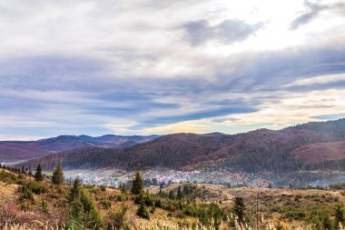 Bulutlu bir günde dağların ve ormanın manzarası