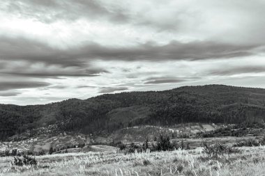 Bir dağ manzarasının gri tonlu görüntüsü.