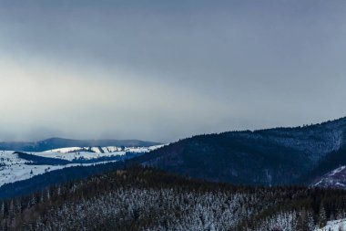 Ukrayna Karpatlarında kış. hava aracı görünümü.