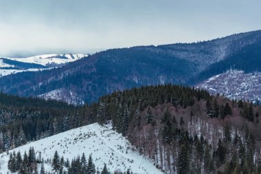 winter mountain landscape, snowy hills, trees and forest, snow, mountains, snow and blue sky