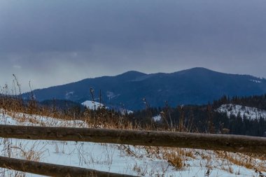 Dağlar ve ormanlarda karla kaplı kış manzarası
