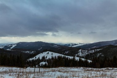 beautiful mountain winter landscape with a cloudy sky in a mountain forest. high quality photo