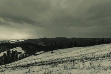 Arkasında karlı dağlar olan güzel kış manzarası