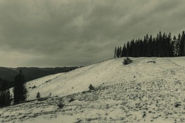 siyah ve beyaz kar - kışın dağlarla kaplı.