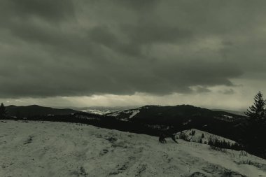 Kışın Karpat Dağları manzarası. siyah ve beyaz.