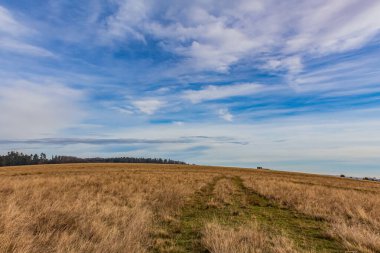 Bulutlu bir gökyüzünün altındaki kırsal alanın güzel bir görüntüsü.
