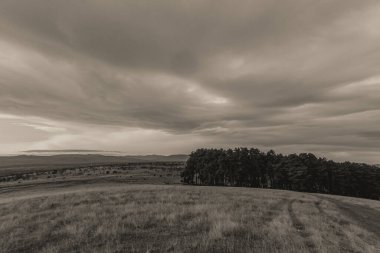 Bir tarlanın üzerinde siyah ve beyaz bulutlar