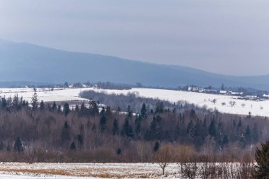Bir dağ ve bulutlu gökyüzü ile kış manzarası
