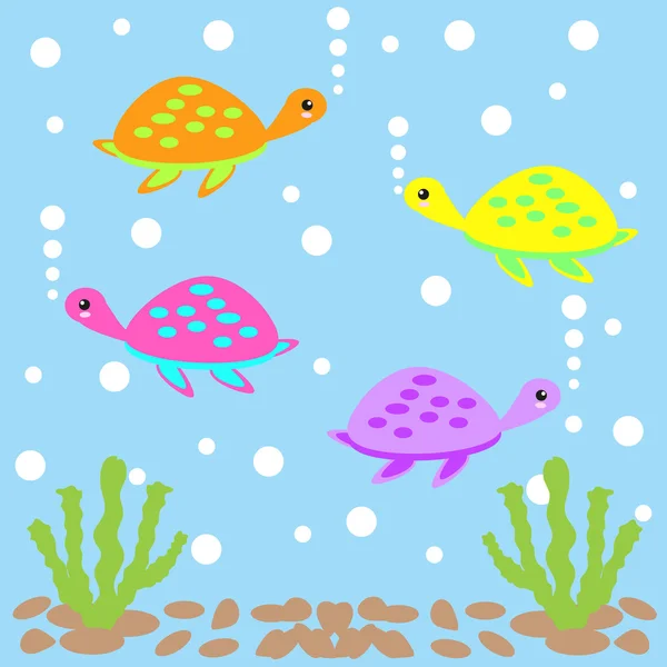 Ilustração do mundo do mar com tartarugas marinhas coloridas bonito adequado para papel de parede, livro de sucata e cartão postal — Vetor de Stock