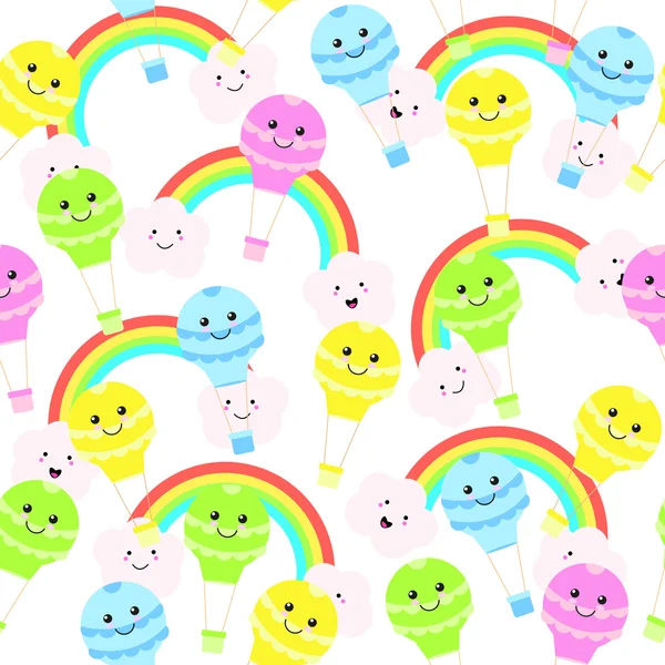 Sömlös bakgrund av baby dusch illustration med söt varmluftsballonger och rainbow passar tapet, scrap papper och vykort — Stock vektor