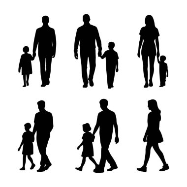 Collection of diverse family silhouettes walking together holding hands in a simple graphic style silhouette