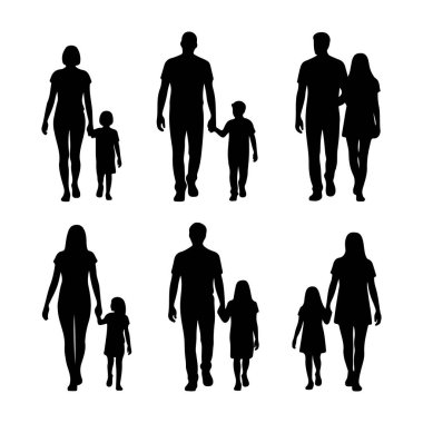 Collection of diverse family silhouettes walking together holding hands in a simple graphic style