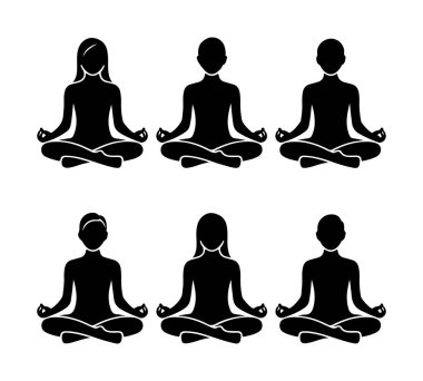 Meditasyon yogasında altı siluetli figür beyaz arka planda poz veriyor.